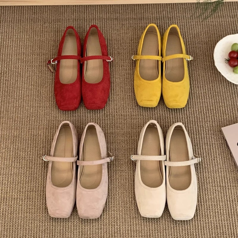 Inner Height Square Toe Shallow Mouth Shoes Women'S Spring New Retro Fairy Gentle Bean Shoes Women'S Flat Yellow Ladyshoes - Image 3
